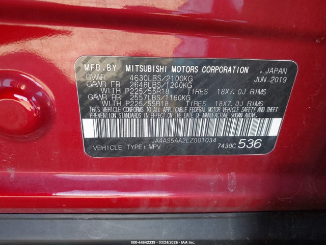 Продаж на аукціоні авто 2020 Mitsubishi Eclipse Cross Se 1.5t, vin: JA4AS5AA2LZ001034, номер лоту: 44642339