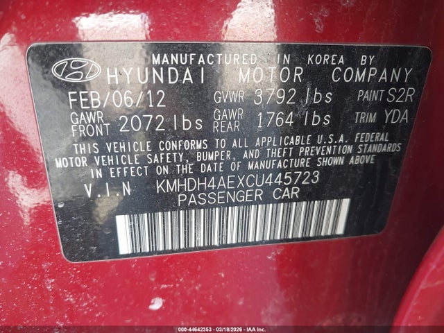 Aukcja sprzedaży 2012 Hyundai Elantra Gls (ulsan Plant), vin: KMHDH4AEXCU445723, numer aukcji: 44642353