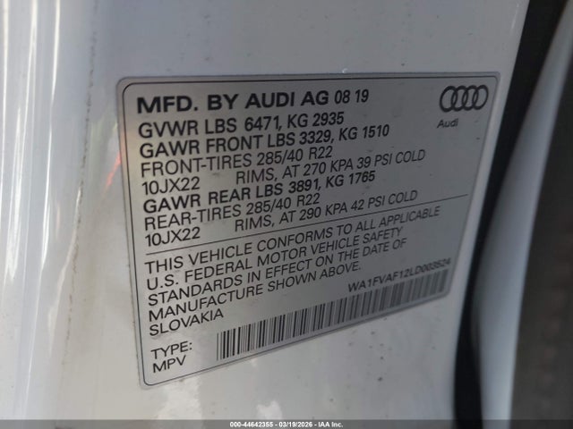 Продаж на аукціоні авто 2020 Audi Q8 Prestige 55 Tfsi Quattro Tiptronic, vin: WA1FVAF12LD003524, номер лоту: 44642355