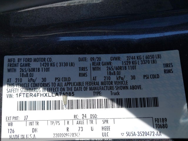 Продаж на аукціоні авто 2020 Ford Ranger Lariat, vin: 1FTER4FHXLLA71385, номер лоту: 44642360