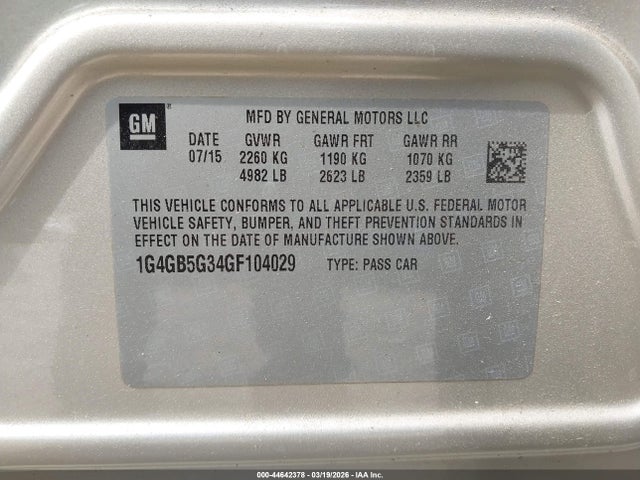 Продаж на аукціоні авто 2016 Buick Lacrosse Leather, vin: 1G4GB5G34GF104029, номер лоту: 44642378