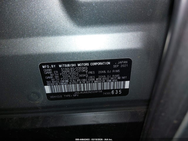 Aukcja sprzedaży 2022 Mitsubishi Outlander Se 2.5 S-awc, vin: JA4J4UA82NZ039156, numer aukcji: 44642403
