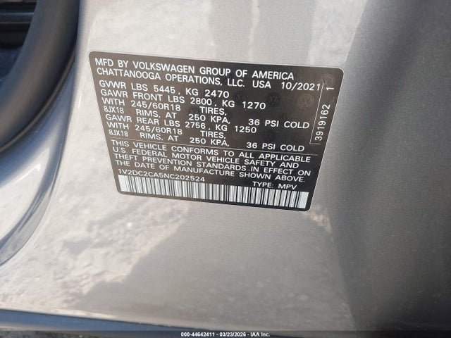 44642411 :رقم المزاد ، 1V2DC2CA5NC202524 vin ، 2022 Volkswagen Atlas Cross Sport 2.0t Se مزاد بيع