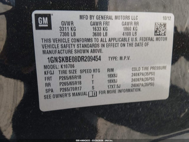 44642433 :رقم المزاد ، 1GNSKBE08DR209454 vin ، 2013 Chevrolet Tahoe Lt مزاد بيع