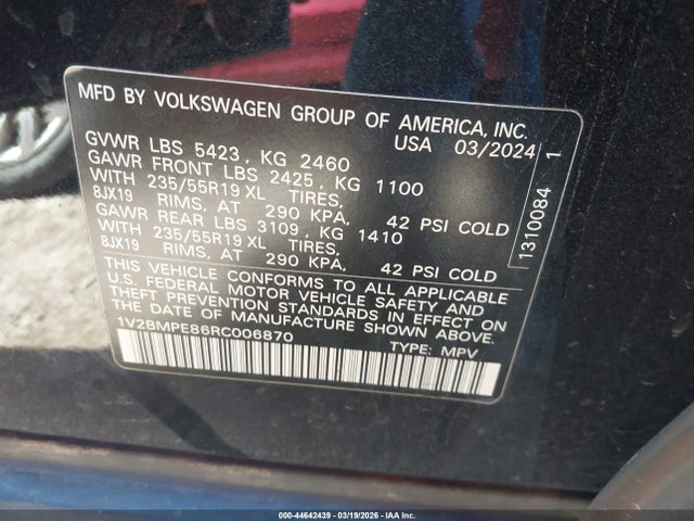 44642439 :رقم المزاد ، 1V2BMPE86RC006870 vin ، 2024 Volkswagen Id.4 Standard مزاد بيع
