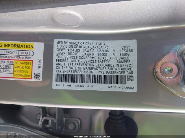 Aukcja sprzedaży 2025 Honda Civic Hybrid Sport/sport Touring, vin: 2HGFE4F89SH335807, numer aukcji: 44642443