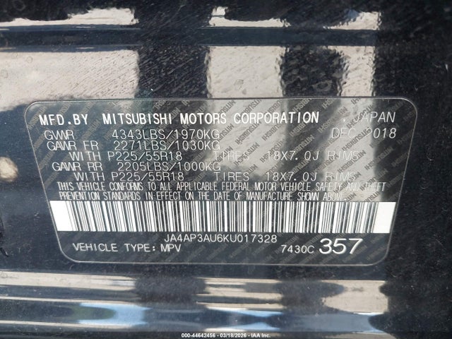 JA4AP3AU6KU017328 Mitsubishi Outlander Sport 2.0 Es