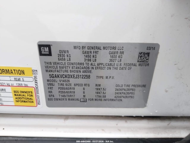 44642468 :رقم المزاد ، 5GAKVCKDXEJ312258 vin ، 2014 Buick Enclave Premium مزاد بيع