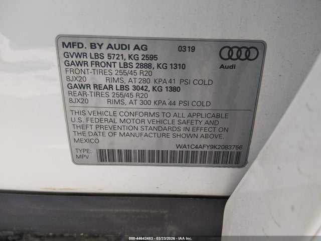 2019 Audi Sq5 3.0t Premium მანქანა იყიდება აუქციონზე, vin: WA1C4AFY9K2083756, აუქციონის ნომერი: 44642483