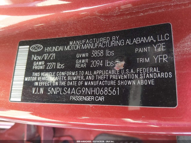 Продаж на аукціоні авто 2022 Hyundai Elantra Sel, vin: 5NPLS4AG9NH068561, номер лоту: 44642488