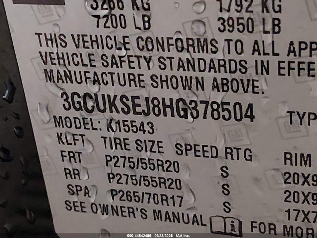 Aukcja sprzedaży 2017 Chevrolet Silverado 1500 2lz, vin: 3GCUKSEJ8HG378504, numer aukcji: 44642499