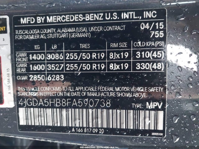 Aukcja sprzedaży 2015 Mercedes-benz Ml 350 4matic, vin: 4JGDA5HB8FA590738, numer aukcji: 44642500