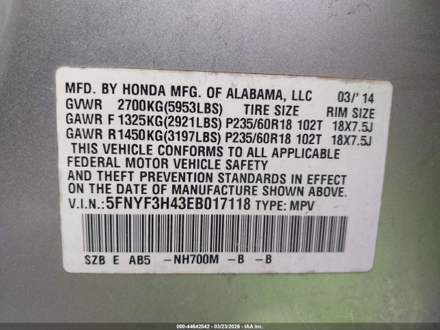2014 HONDA PILOT 5FNYF3H43EB017118 Photo 8