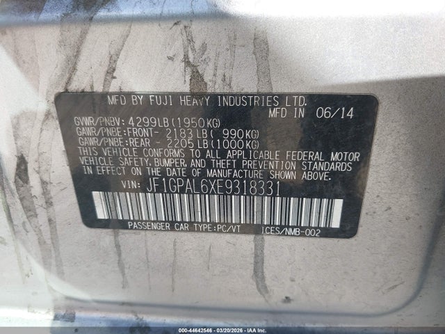 44642546 :رقم المزاد ، JF1GPAL6XE9318331 vin ، 2014 Subaru Impreza 2.0i Sport Premium مزاد بيع