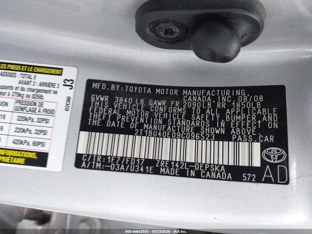 44642553 :رقم المزاد ، 2T1BU40E09C096523 vin ، 2009 Toyota Corolla S مزاد بيع