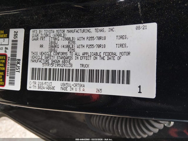 Auction sale of the 2021 Toyota Tundra Sr5, vin: 5TFRY5F19MX291138, lot number: 44642560