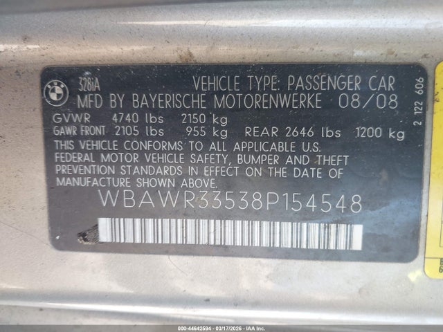 Продаж на аукціоні авто 2008 Bmw 328i, vin: WBAWR33538P154548, номер лоту: 44642594