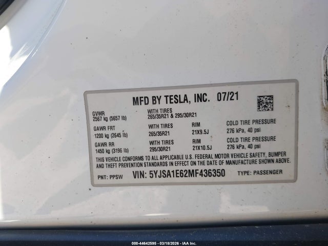 Продажа на аукционе авто 2021 Tesla Model S Plaid Tri Motor All-wheel Drive, vin: 5YJSA1E62MF436350, номер лота: 44642595