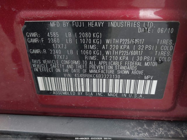 Продаж на аукціоні авто 2011 Subaru Outback 2.5i Limited, vin: 4S4BRBKC6B3323130, номер лоту: 44642625