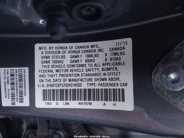 Honda Civic Lx 2016 2HGFC2F57GH514502 Image 9