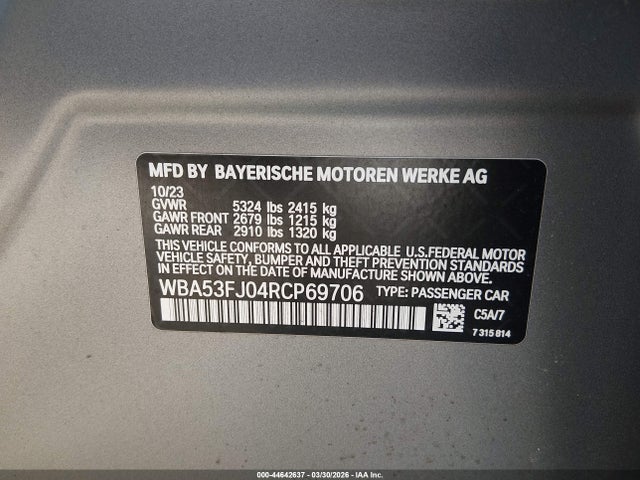 Aukcja sprzedaży 2024 Bmw 530i Xdrive, vin: WBA53FJ04RCP69706, numer aukcji: 44642637