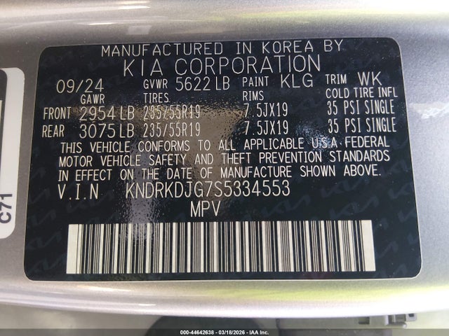 Aukcja sprzedaży 2025 Kia Sorento Hybrid Sx Prestige, vin: KNDRKDJG7S5334553, numer aukcji: 44642638