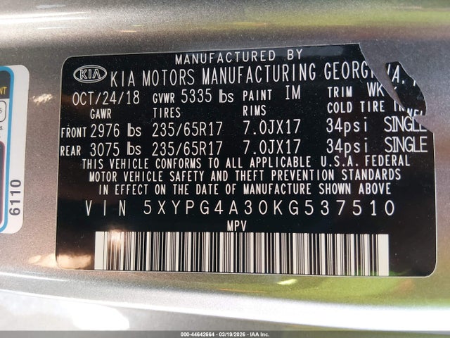 5XYPG4A30KG537510 KIA Sorento 2.4l Lx