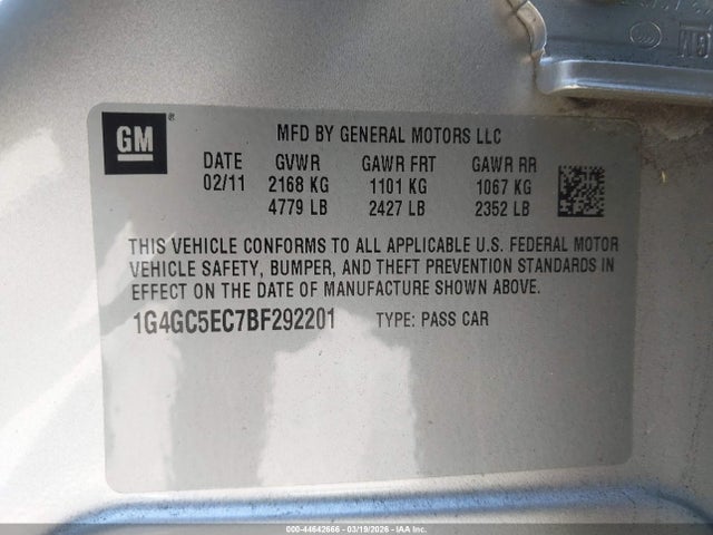 2011 Buick Lacrosse Cxl მანქანა იყიდება აუქციონზე, vin: 1G4GC5EC7BF292201, აუქციონის ნომერი: 44642666
