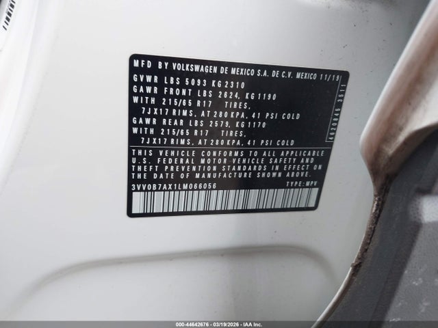 44642676 :رقم المزاد ، 3VV0B7AX1LM066056 vin ، 2020 Volkswagen Tiguan 2.0t S مزاد بيع