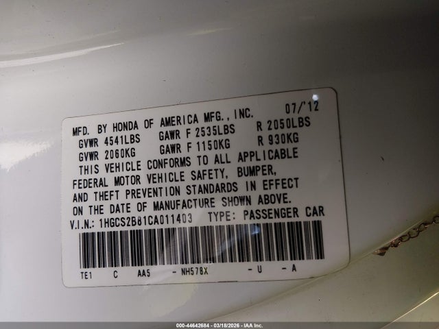 Aukcja sprzedaży 2012 Honda Accord 3.5 Ex-l, vin: 1HGCS2B81CA011403, numer aukcji: 44642684