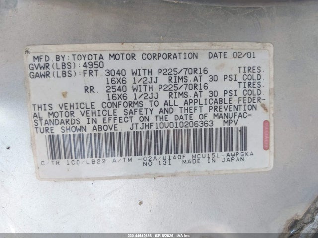 2001 Lexus Rx 300 მანქანა იყიდება აუქციონზე, vin: JTJHF10U010206363, აუქციონის ნომერი: 44642688