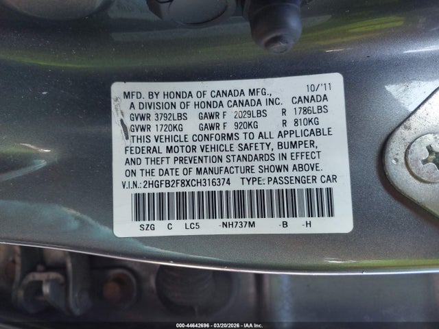 44642696 :رقم المزاد ، 2HGFB2F8XCH316374 vin ، 2012 Honda Civic Ex مزاد بيع