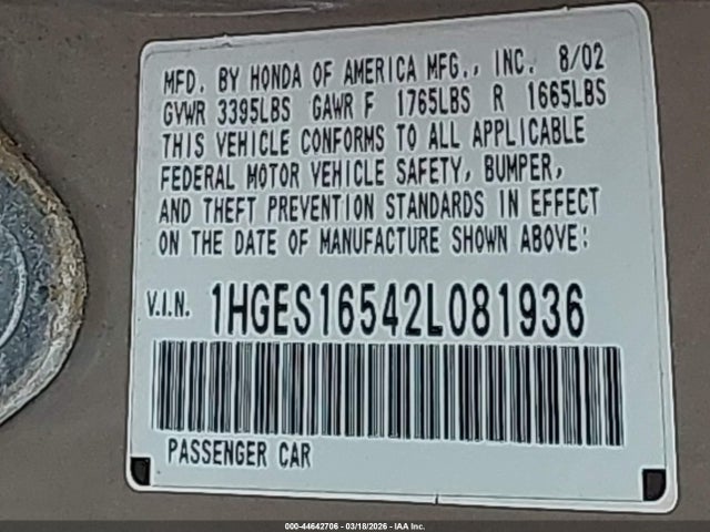 2002 HONDA CIVIC 1HGES16542L081936 Photo 8