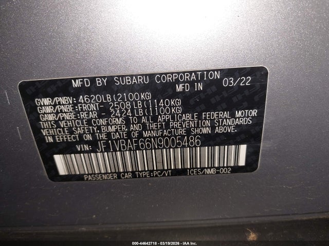 Aukcja sprzedaży 2022 Subaru Wrx Premium, vin: JF1VBAF66N9005486, numer aukcji: 44642718