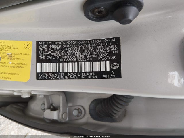 Aukcja sprzedaży 2004 Lexus Es 330, vin: JTHBA30G540022701, numer aukcji: 44642732