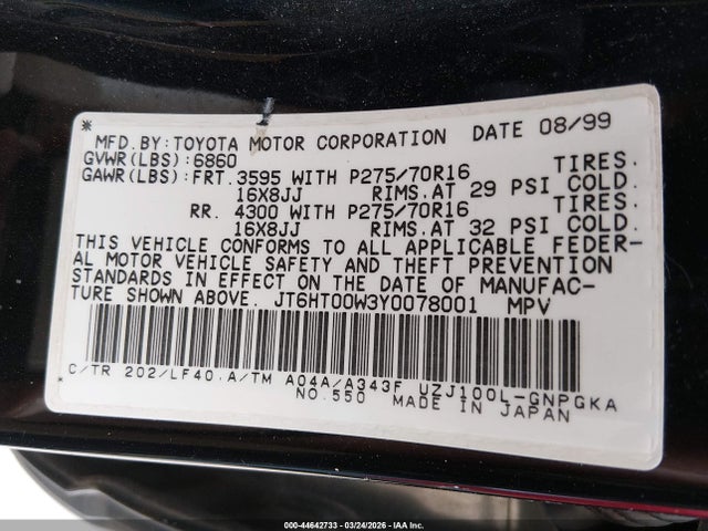 Продаж на аукціоні авто 2000 Lexus Lx 470, vin: JT6HT00W3Y0078001, номер лоту: 44642733