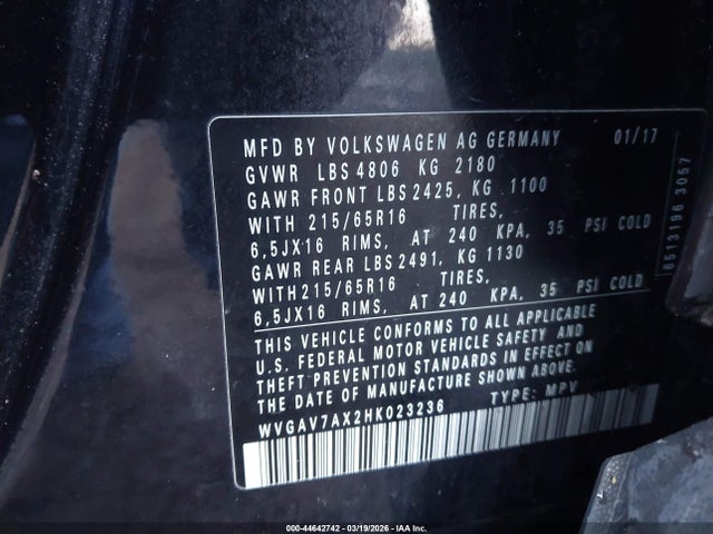 2017 Volkswagen Tiguan 2.0t/2.0t S მანქანა იყიდება აუქციონზე, vin: WVGAV7AX2HK023236, აუქციონის ნომერი: 44642742