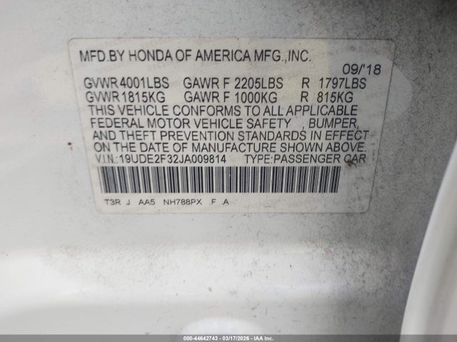 44642743 :رقم المزاد ، 19UDE2F32JA009814 vin ، 2018 Acura Ilx Acurawatch Plus Package مزاد بيع