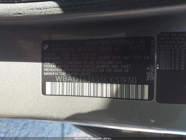 2003 Bmw 530ia მანქანა იყიდება აუქციონზე, vin: WBADT63403CK31930, აუქციონის ნომერი: 44642748