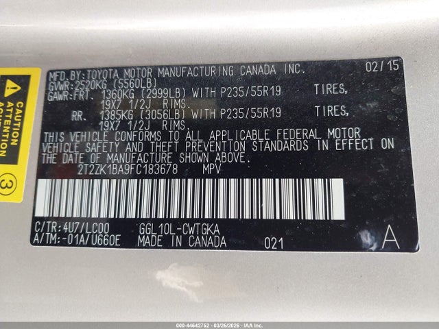 2015 Lexus Rx 350 მანქანა იყიდება აუქციონზე, vin: 2T2ZK1BA9FC183678, აუქციონის ნომერი: 44642752