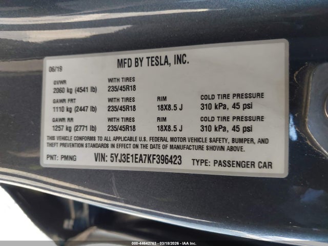 Продаж на аукціоні авто 2019 Tesla Model 3 Long Range/mid Range/standard Range/standard Range Plus, vin: 5YJ3E1EA7KF396423, номер лоту: 44642763
