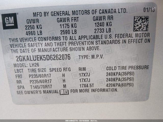 Aukcja sprzedaży 2013 Gmc Terrain Slt-1, vin: 2GKALUEK5D6262076, numer aukcji: 44642770
