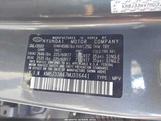 Aukcja sprzedaży 2021 Hyundai Tucson Value, vin: KM8J33A47MU316441, numer aukcji: 44642780