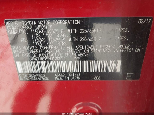 44642785 :رقم المزاد ، JTMZFREV5HJ130523 vin ، 2017 Toyota Rav4 Le مزاد بيع