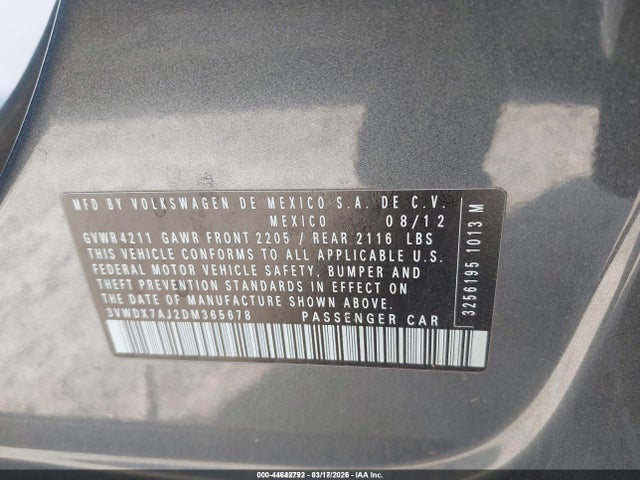 44642792 :رقم المزاد ، 3VWDX7AJ2DM365678 vin ، 2013 Volkswagen Jetta 2.5l Se مزاد بيع