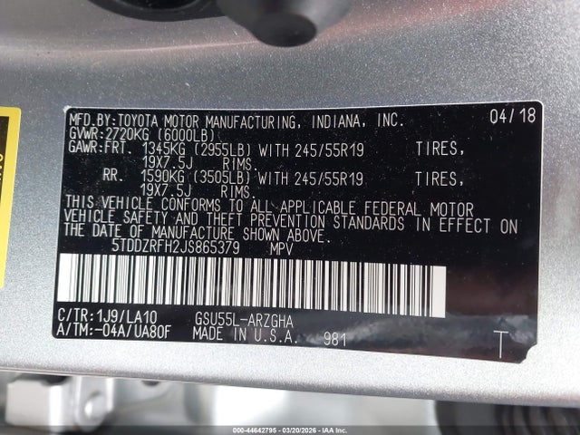 Toyota Highlander Limited Platinum 2018 5TDDZRFH2JS865379 Image 9