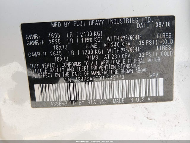 44642817 :رقم المزاد ، 4S4BSANC0H3242773 vin ، 2017 Subaru Outback 2.5i Limited مزاد بيع