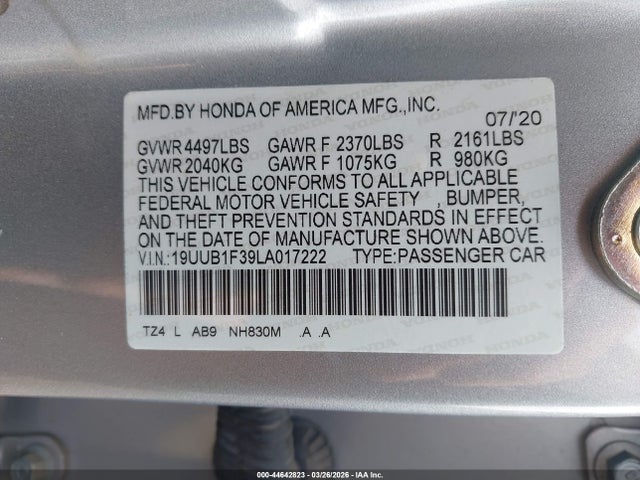 Продаж на аукціоні авто 2020 Acura Tlx Standard, vin: 19UUB1F39LA017222, номер лоту: 44642823
