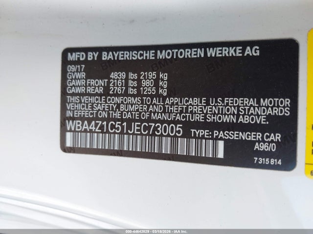 2018 Bmw 430i მანქანა იყიდება აუქციონზე, vin: WBA4Z1C51JEC73005, აუქციონის ნომერი: 44642829