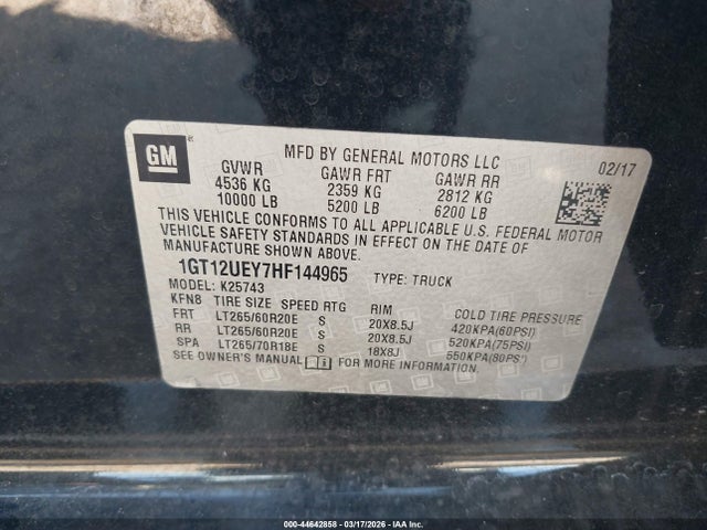 2017 Gmc Sierra 2500hd Denali მანქანა იყიდება აუქციონზე, vin: 1GT12UEY7HF144965, აუქციონის ნომერი: 44642858